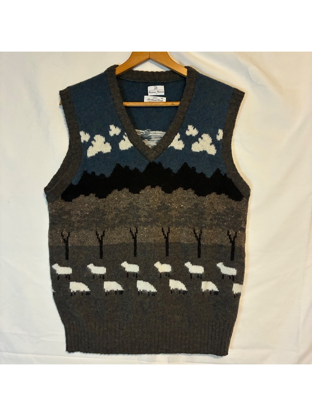 VTG Neiman Marcus 100%Shetland Wool Sheep Landscape Sweater Vest Grandpacore SzM
